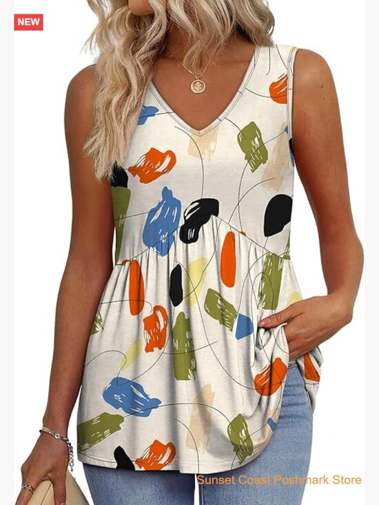 Tops - Flowy Peplum V-Neck Sleeveless Tank Top Babydoll Dressy Casual Top
